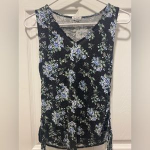 Black with blue floral print top